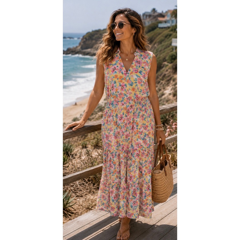Tolani Multicolor Floral Maxi Dress Tired Ruffled Button Up‎ Coastal Beach Large